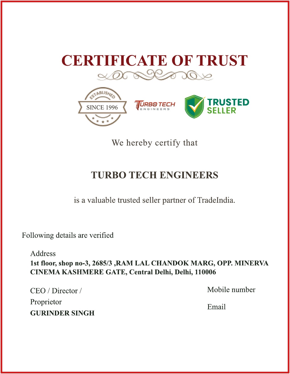 TradeIndia Certificate of Trust for Turbo Tech Engineers, verified trusted seller